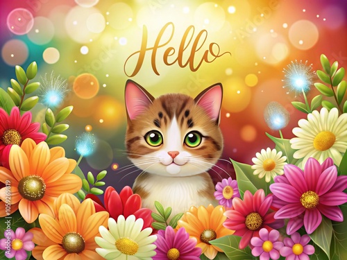 Cat Among Flowers with Bokeh Effect - Hello Greeting Card Template Design, Vector Art, Floral Background, Cute Cat Illustration, Colorful Typography for Cards