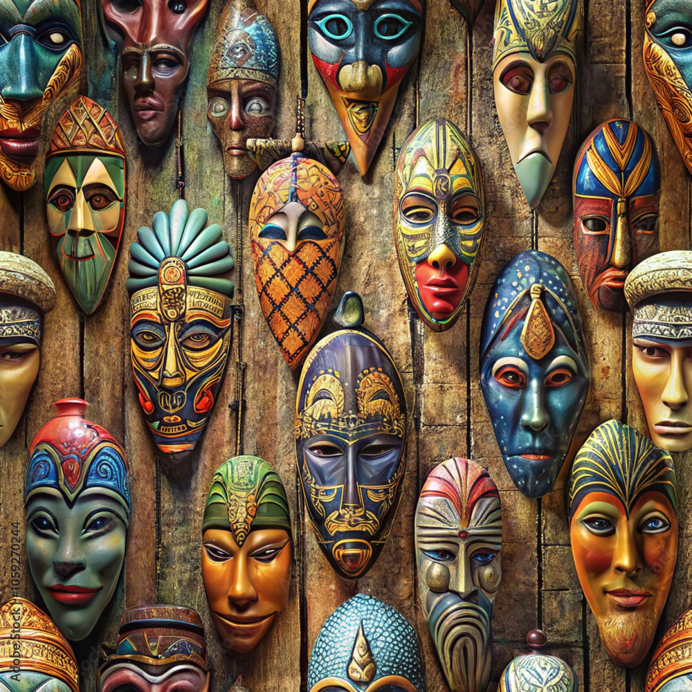 Seamless image of vibrant African masks with unique carvings on rustic wall, soft ambient lighting Seamless image of vibrant African masks with unique carvings on rustic wall, soft ambient lighting