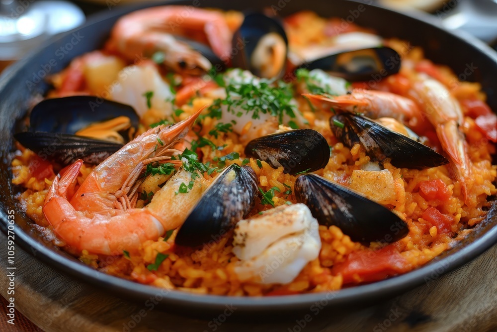 London street food at Portobello Market features vibrant freshly made paella with seafood served from a large pan London street food at Portobello Market features vibrant freshly made paella with seafood served from a large pan