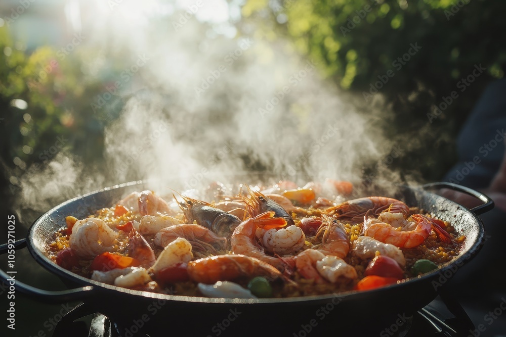 Making classic seafood and chicken paella outside on a sunny day Making classic seafood and chicken paella outside on a sunny day
