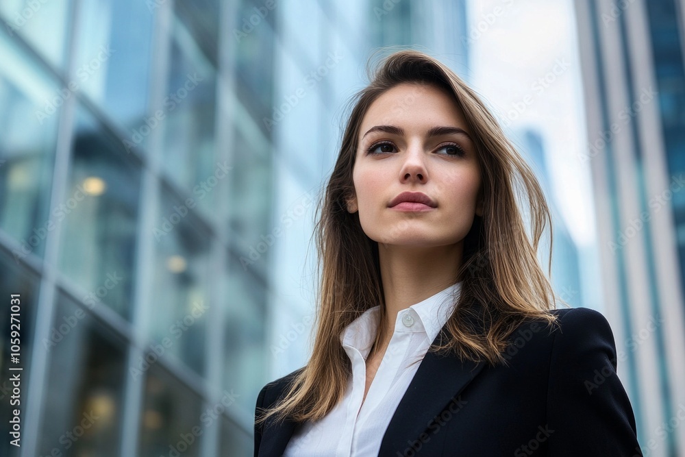 Confident businesswoman in urban setting with modern glass architecture Confident businesswoman in urban setting with modern glass architecture