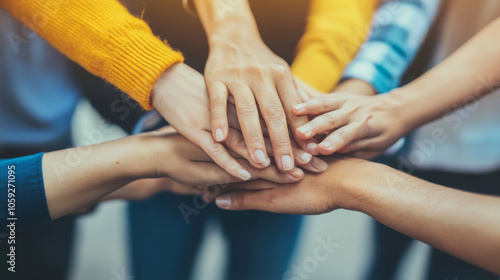 A team of businesspeople working together, showing unity and collaboration. Their hands stacked symbolize teamwork, diversity, and a shared commitment to their company.