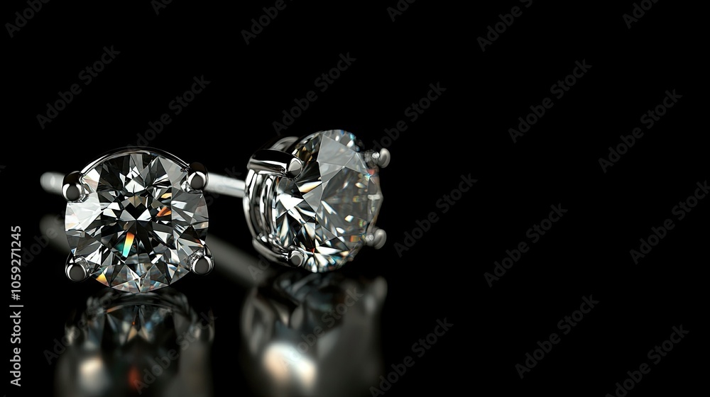 Close-up of women's diamond stud earrings on a black background, highlighting brilliance, detail, and luxurious beauty. Close-up of women's diamond stud earrings on a black background, highlighting brilliance, detail, and luxurious beauty.