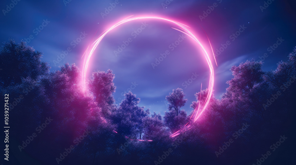 A dazzling neon ring floats above a forest, illuminating the surrounding trees with vibrant hues against a starlit night sky. A dazzling neon ring floats above a forest, illuminating the surrounding trees with vibrant hues against a starlit night sky.
