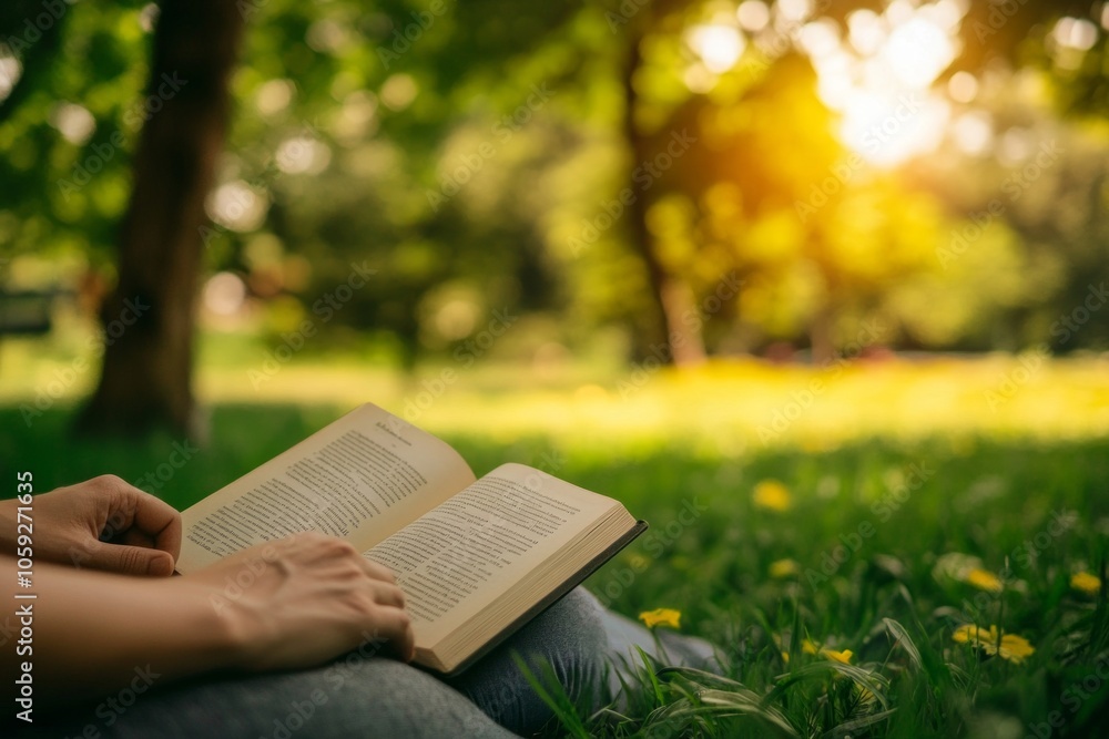 Obraz premium Reading a book outdoors in sunlit park surrounded by nature and tranquility