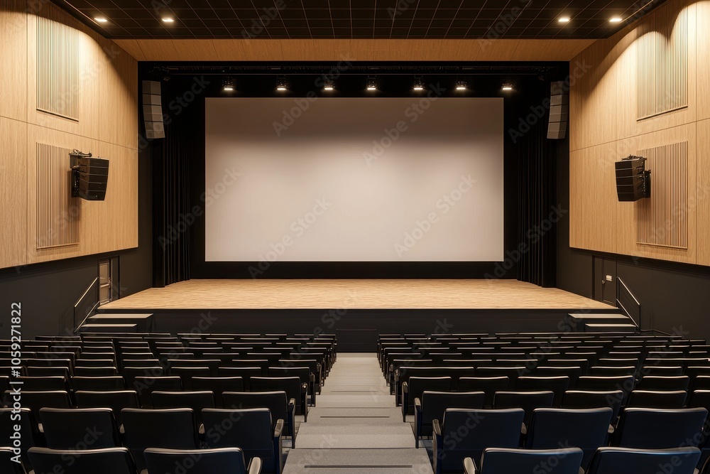 Empty, modern auditorium with rows of sleek gray chairs facing a wide-format blank screen, perfect for presentations, conferences, or cinema screenings. Suitable for corporate or educational themes. Empty, modern auditorium with rows of sleek gray chairs facing a wide-format blank screen, perfect for presentations, conferences, or cinema screenings. Suitable for corporate or educational themes.
