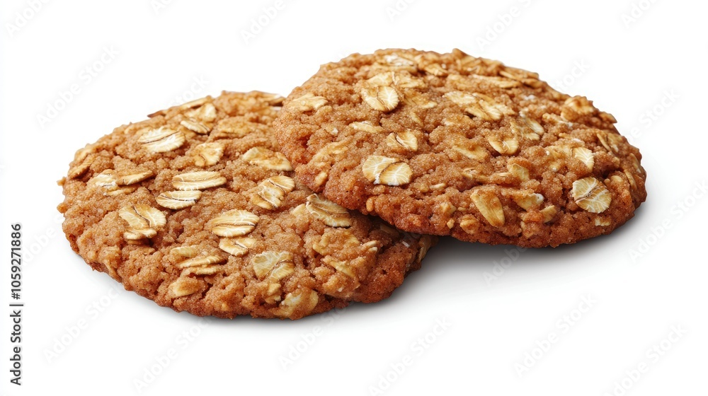 Cookies in mid-fall, with crumbs and oats adding dynamic detail, isolated on a clean white backdrop. Cookies in mid-fall, with crumbs and oats adding dynamic detail, isolated on a clean white backdrop.