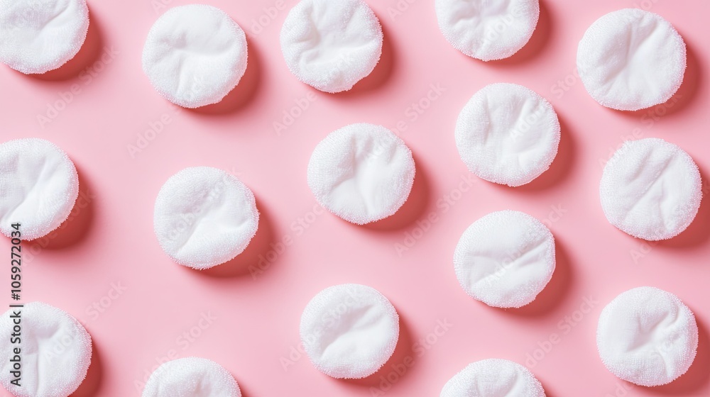 Cotton pads arranged in a pattern on a pink background, perfect for highlighting skincare and personal hygiene products. Cotton pads arranged in a pattern on a pink background, perfect for highlighting skincare and personal hygiene products.