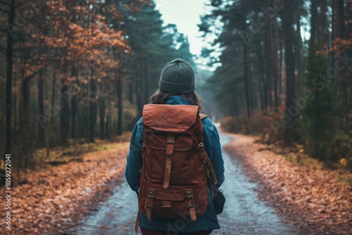 Person with backpack walking on autumn forest path in a tranquil setting photo