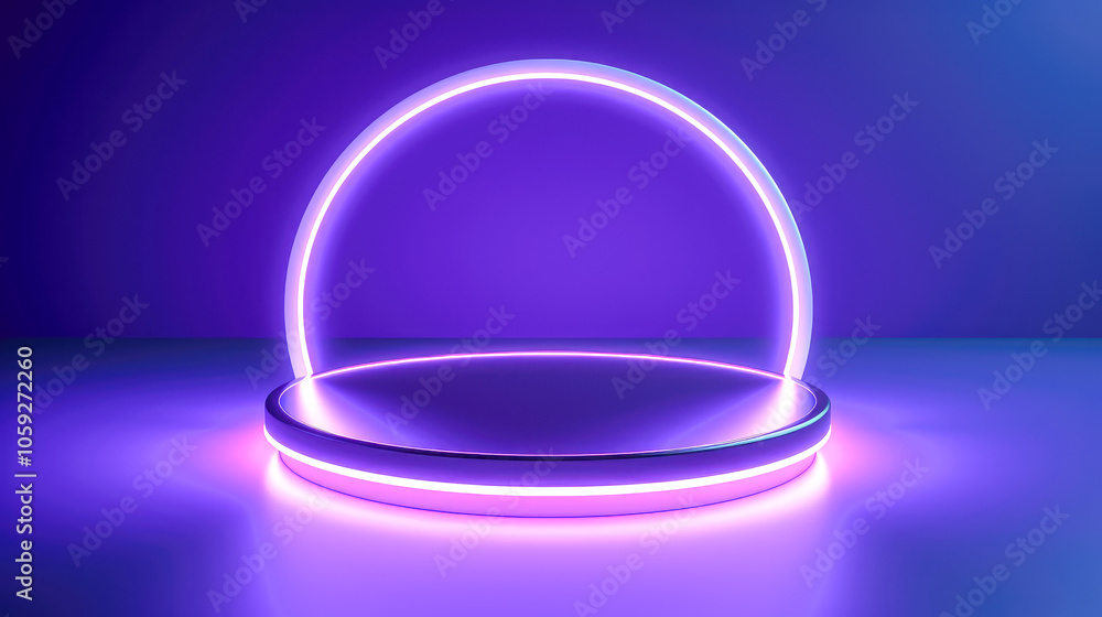 A neon half-circle structure emits vibrant purple light, offering a futuristic feel and sleek, modern aesthetic appeal. A neon half-circle structure emits vibrant purple light, offering a futuristic feel and sleek, modern aesthetic appeal.
