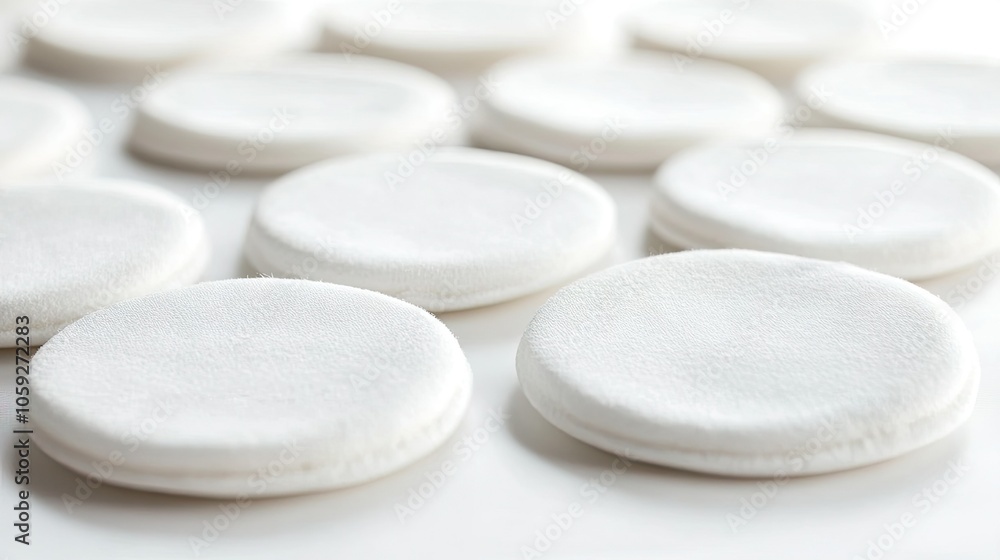Cotton pads spread out on a white background, capturing softness and cleanliness, suitable for beauty or personal care. Cotton pads spread out on a white background, capturing softness and cleanliness, suitable for beauty or personal care.