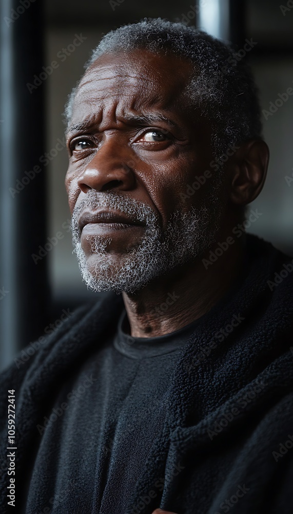 Side view senior man posing indoors Side view senior man posing indoors