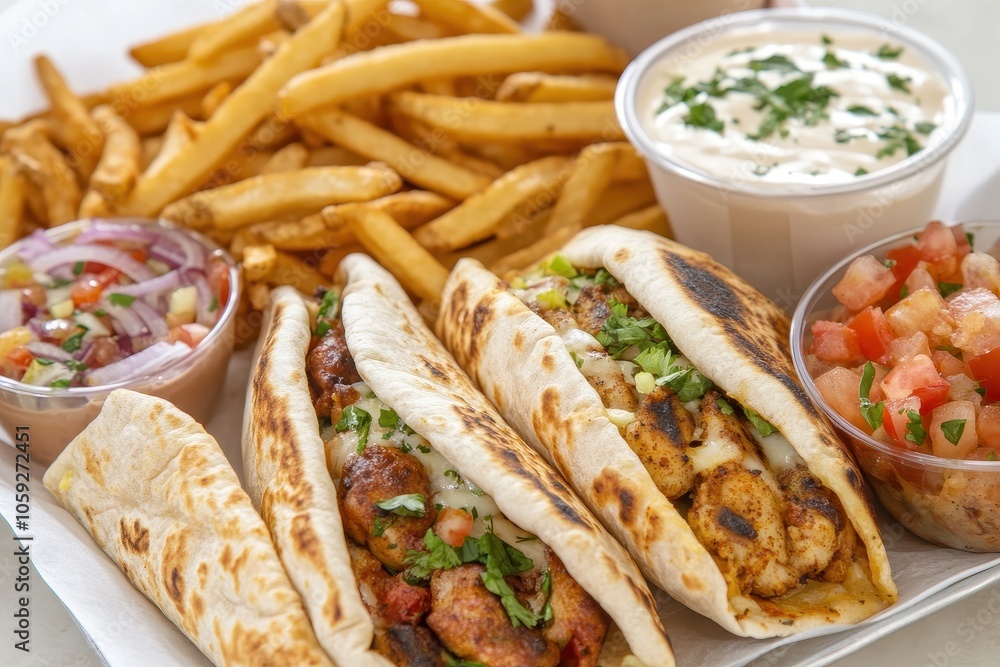 Mediterranean naan calzone quesadilla served with mayo fries peri bites and chicken strips Mediterranean naan calzone quesadilla served with mayo fries peri bites and chicken strips