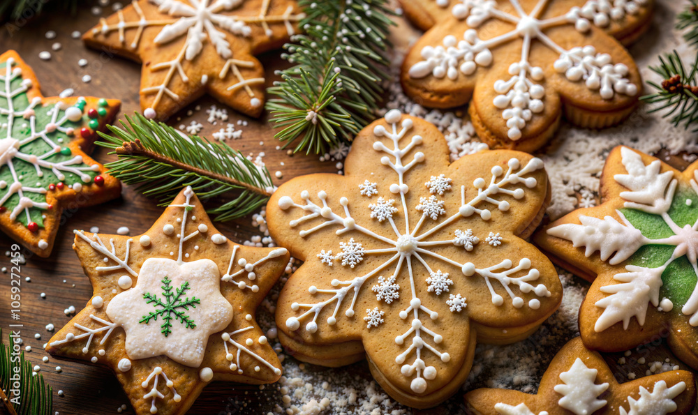 Delicious homemade Christmas cookies in the form of snowflakes on the table Delicious homemade Christmas cookies in the form of snowflakes on the table