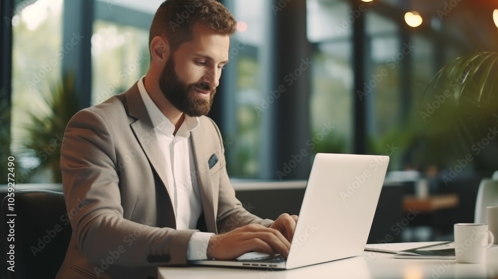 Professional man working on laptop in modern office environment Professional man working on laptop in modern office environment