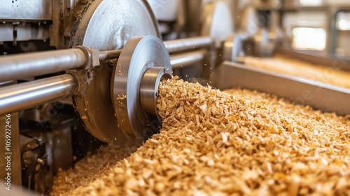 Close up view of pulp and paper processing machine with wood chips photo