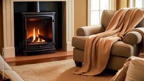 Cozy Living Room With a Warm Fireplace and Plush Armchair in Soft Daylight