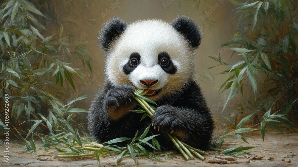 Obraz premium Adorable Panda Cub Eating Bamboo