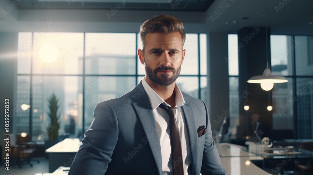 Confident business professional in modern office setting a look into corporate success and leadership dynamics Confident business professional in modern office setting a look into corporate success and leadership dynamics