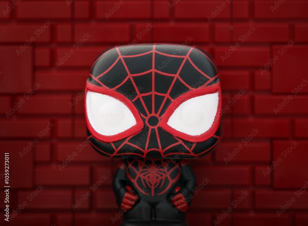Obraz premium Tambov, Russian Federation - August 23, 2024 Spider-Man (Earth-1610) Funko POP Mini Vinyl Figure against a red brick wall background.