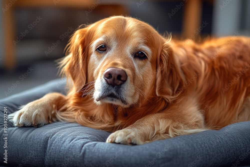 Relaxed Golden Retriever Resting on Comfortable Bed in Cozy Home Relaxed Golden Retriever Resting on Comfortable Bed in Cozy Home