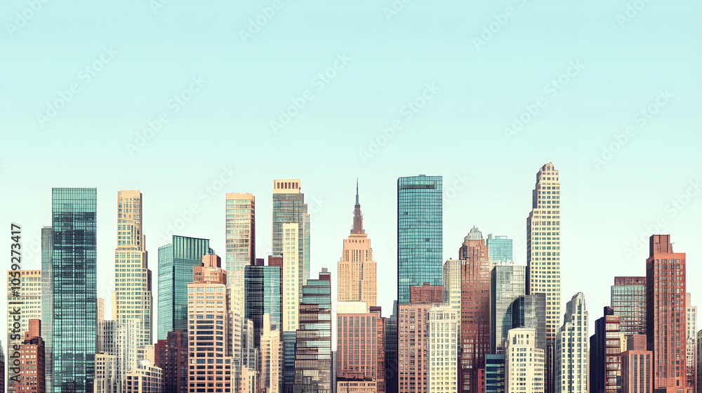Fototapeta City skyline with tall buildings and clear sky, showcasing urban beauty