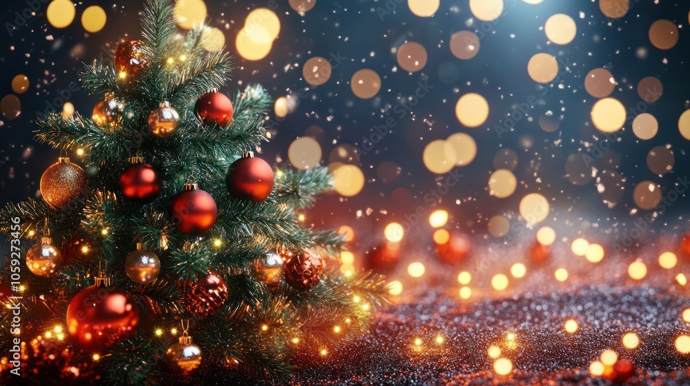 Festive Christmas Tree with Red and Gold Baubles and Sparkling Lights in a Magical Holiday Setting Festive Christmas Tree with Red and Gold Baubles and Sparkling Lights in a Magical Holiday Setting