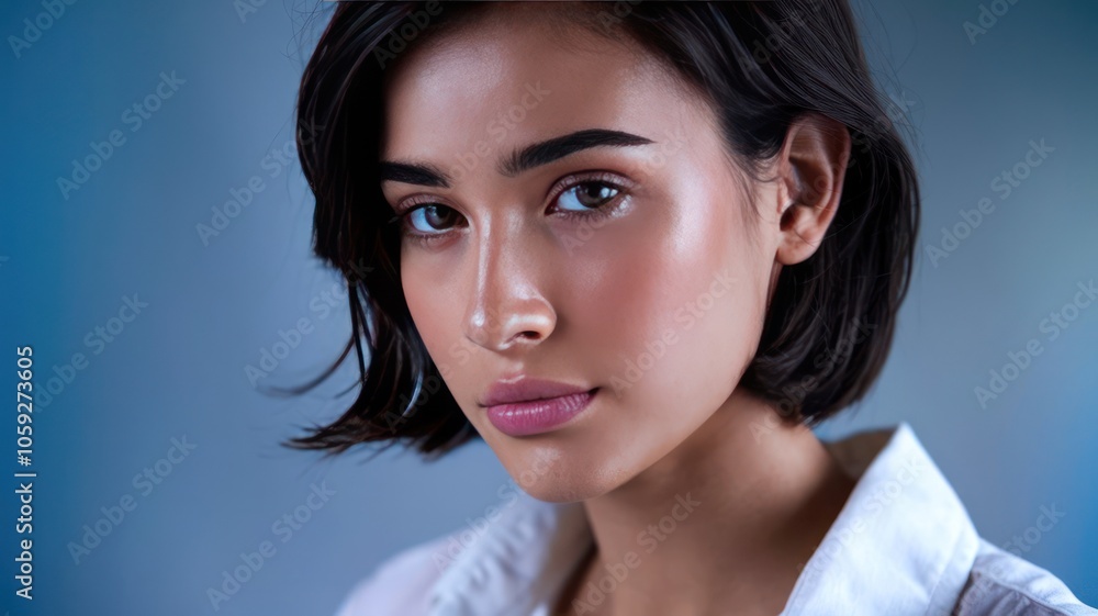 A Young Woman With Dark Hair Gazes Thoughtfully Against a Blue Background A Young Woman With Dark Hair Gazes Thoughtfully Against a Blue Background