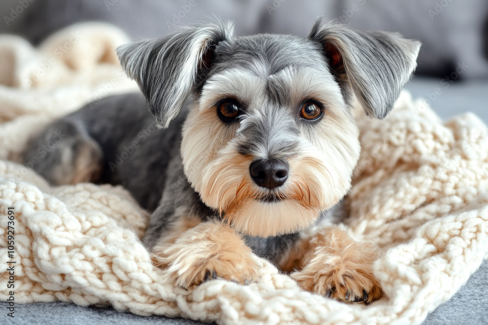Adorable Schnauzer Resting on a Cozy Knitted Blanket in Minimalist Home Adorable Schnauzer Resting on a Cozy Knitted Blanket in Minimalist Home