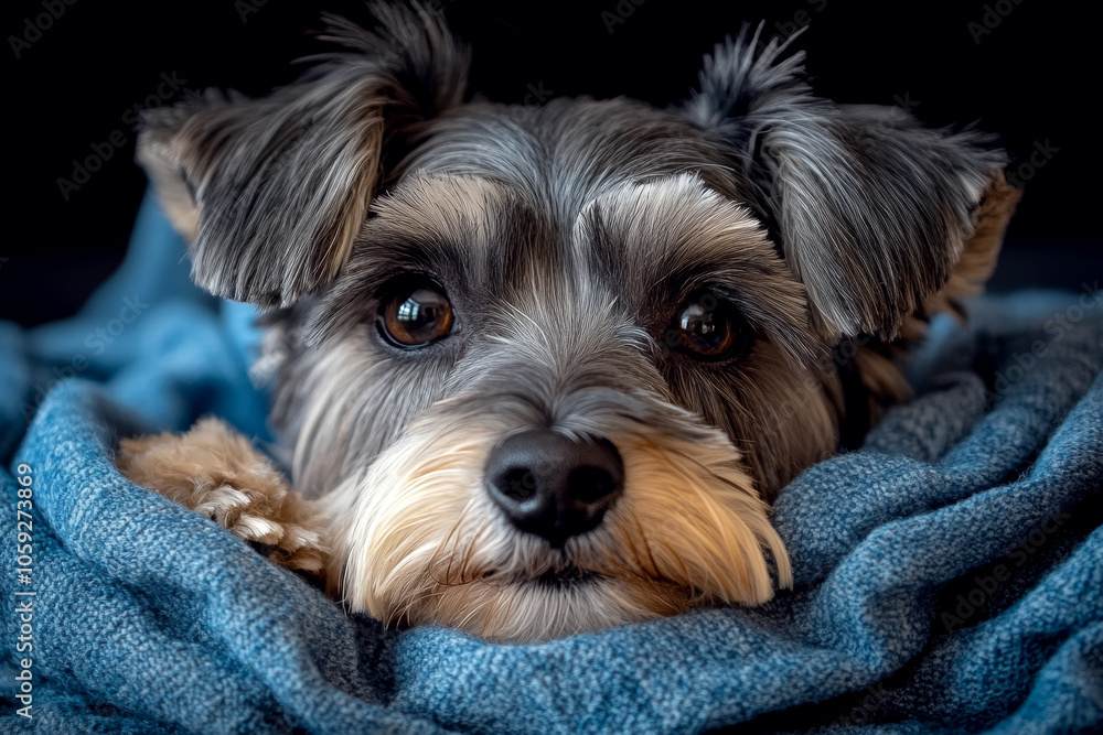 Adorable Schnauzer Resting on a Cozy Knitted Blanket in Minimalist Home Adorable Schnauzer Resting on a Cozy Knitted Blanket in Minimalist Home