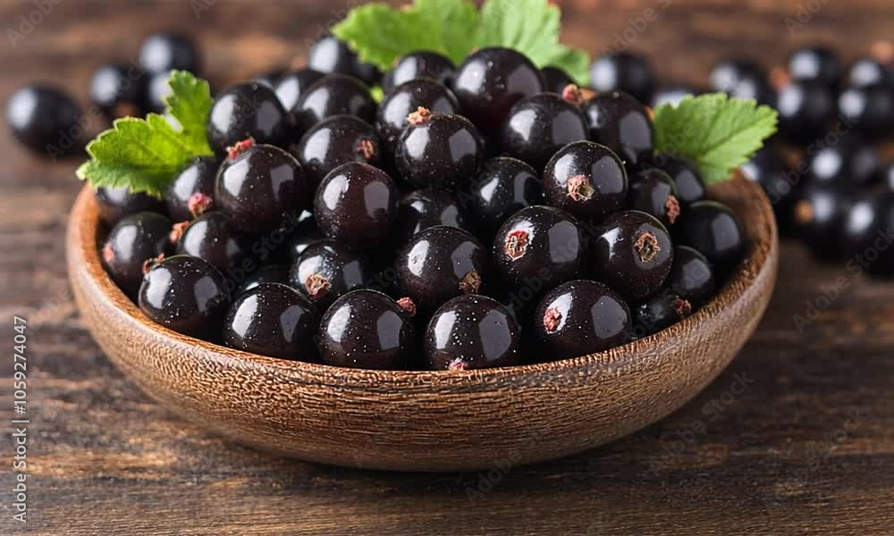 A wooden bowl filled with fresh black currants and mint leaves. A wooden bowl filled with fresh black currants and mint leaves.