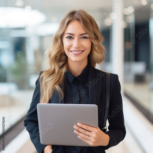 Professional businesswoman in modern office setting with laptop