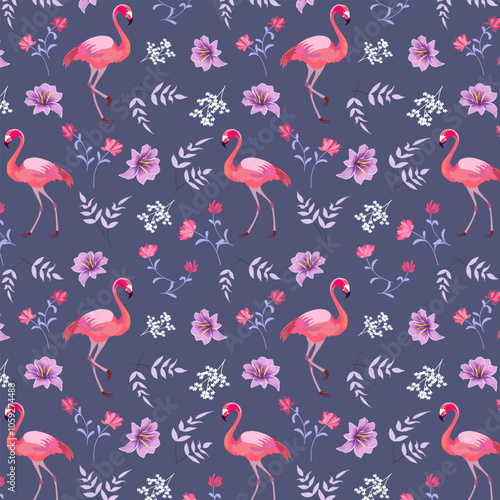 Pattern with flowers and pink flamingos.Vector seamless pattern with pink flamingos and flowers on a colored background.