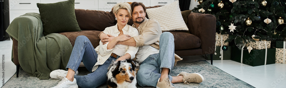 A couple embraces each other while sitting on a rug, sharing warmth with their pet dog nearby. A couple embraces each other while sitting on a rug, sharing warmth with their pet dog nearby.