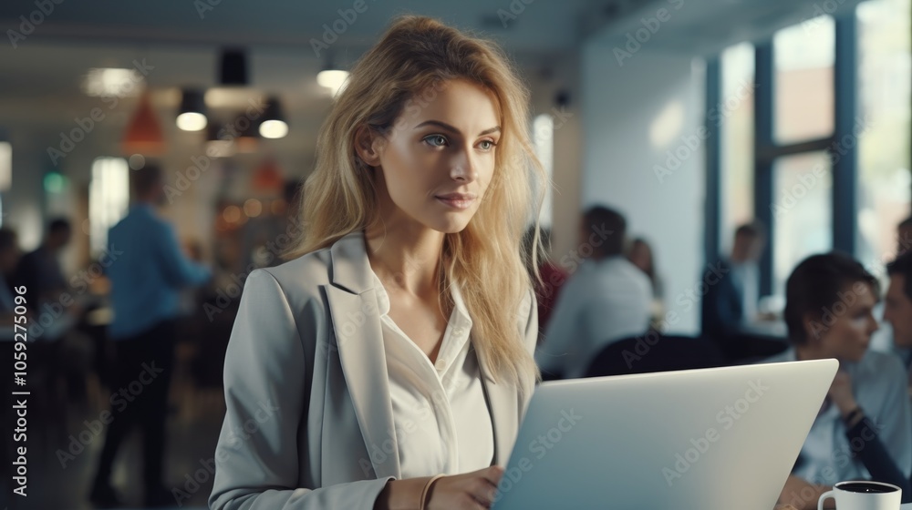 A professional woman engaged in work at a modern office environment with colleagues in the background A professional woman engaged in work at a modern office environment with colleagues in the background