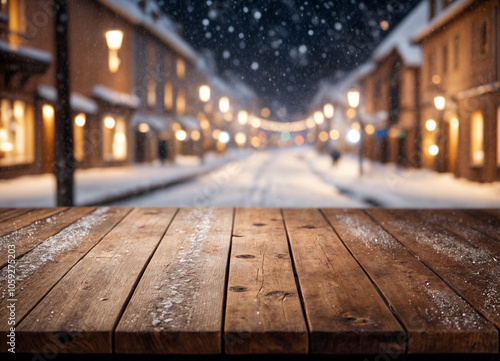 empty wooden table street floor snowy christmas night