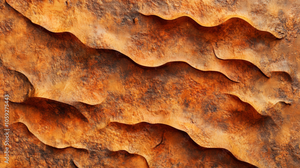 Textured macro background with orange and brown rust tones. Wavy corroded metal layers with rough surface. Oxidized steel texture. Industrial decay concept