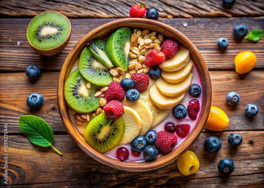 Close-Up of a Colorful Healthy Vegan Breakfast with Fresh Fruits, Nuts, and Smoothie Bowl for a Nutritious Start to the Day Close-Up of a Colorful Healthy Vegan Breakfast with Fresh Fruits, Nuts, and Smoothie Bowl for a Nutritious Start to the Day