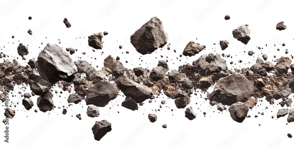 A pile of rocks is scattered across a white background. The rocks are of various sizes and shapes, creating a sense of chaos and disorder. The image evokes a feeling of destruction and upheaval A pile of rocks is scattered across a white background. The rocks are of various sizes and shapes, creating a sense of chaos and disorder. The image evokes a feeling of destruction and upheaval