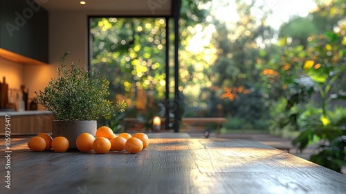A table with oranges and a potted plant in front of a window with a blurred background of a lush garden.