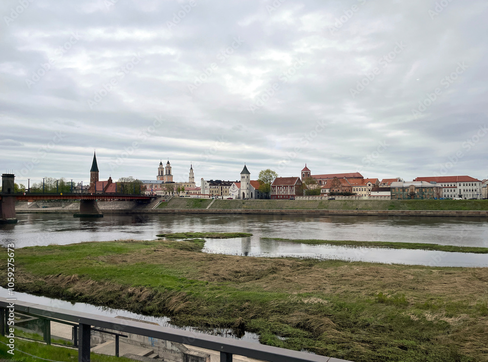Fototapeta premium Panorama of the old town by the river, Kaunas, Lithuania, Europe