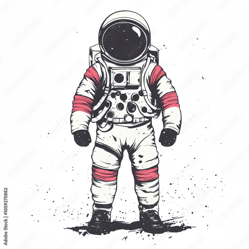 Fototapeta premium A man in a white spacesuit stands on a dirty surface. The man is wearing a red strap on his left leg