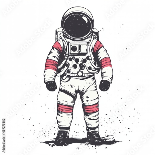 A man in a white spacesuit stands on a dirty surface. The man is wearing a red strap on his left leg