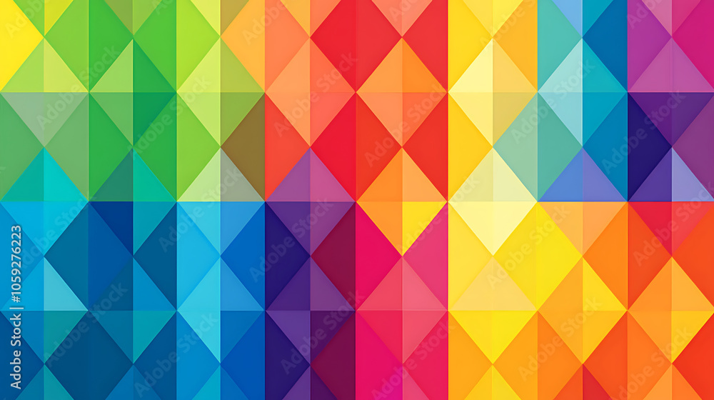 Vibrant geometric pattern featuring colorful triangles in various shades, creating lively and dynamic visual effect. Perfect for backgrounds or design projects Vibrant geometric pattern featuring colorful triangles in various shades, creating lively and dynamic visual effect. Perfect for backgrounds or design projects
