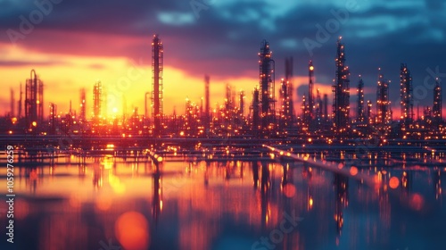 A panoramic view of an industrial complex at sunset, with the glowing lights reflecting in the water.