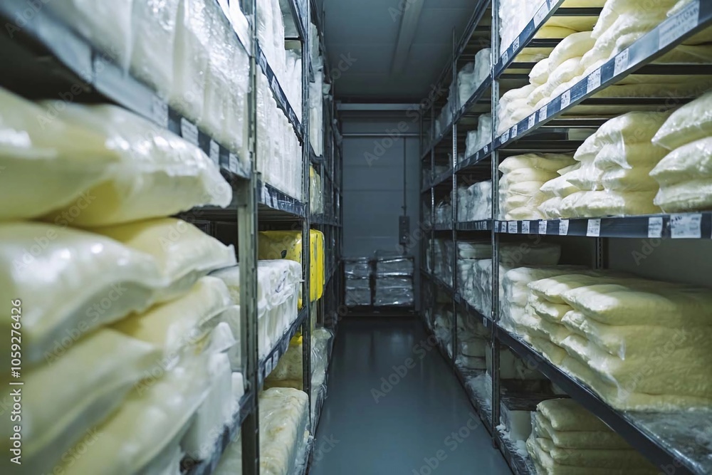 Obraz premium Exploring a vast storage facility filled with neatly organized stacks of white goods in a modern warehouse. Generative AI