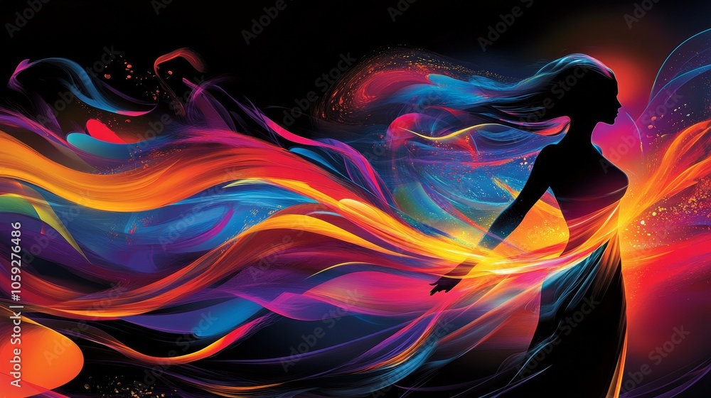 Dynamic Abstract Composition with Flowing Shapes and Vibrant Human Silhouettes in Creative Motion Dynamic Abstract Composition with Flowing Shapes and Vibrant Human Silhouettes in Creative Motion