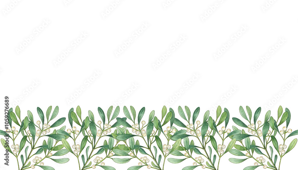 Fototapeta premium Green Watercolor Leaves with White Berries on a White Background
