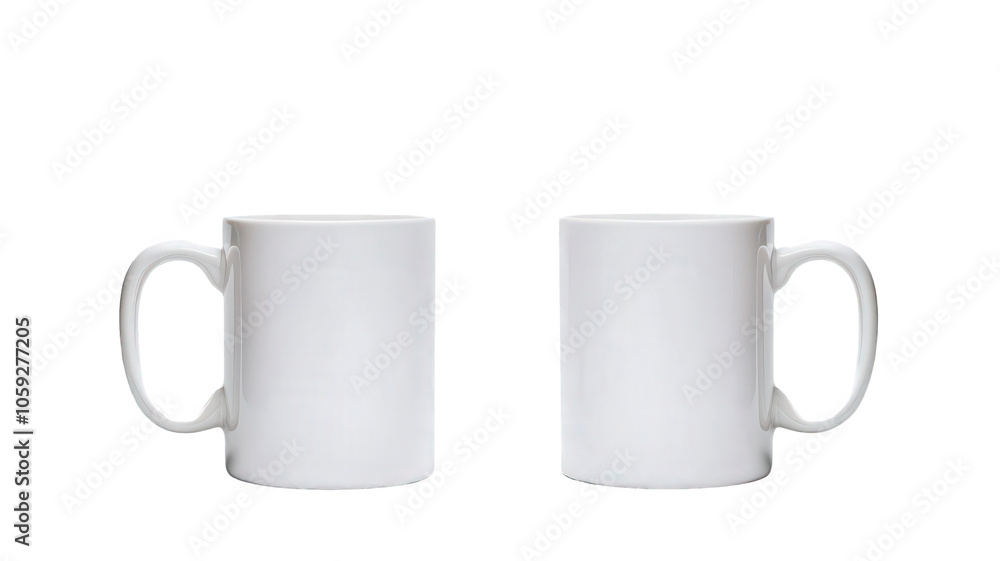 Two blank white mugs facing each other, perfect for customization or branding. Ideal for coffee, tea, or promotional use Two blank white mugs facing each other, perfect for customization or branding. Ideal for coffee, tea, or promotional use