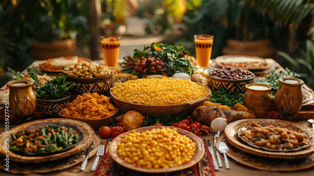 Fototapeta premium A beautifully arranged Kwanzaa feast featuring traditional dishes, celebrating cultural heritage and togetherness in a festive atmosphere.